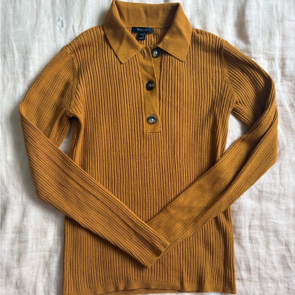 Pointelle Mustard Long Sleeve Polo by RW+Co - size Medium